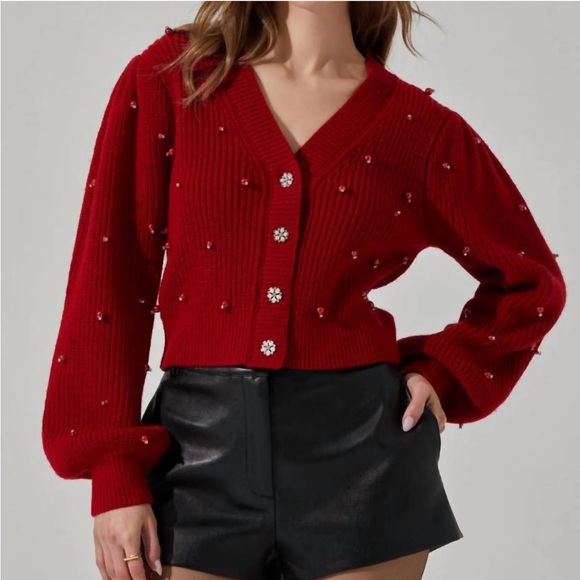Astr Sweaters - Delsie Pearl Embellished Cardigan - Red